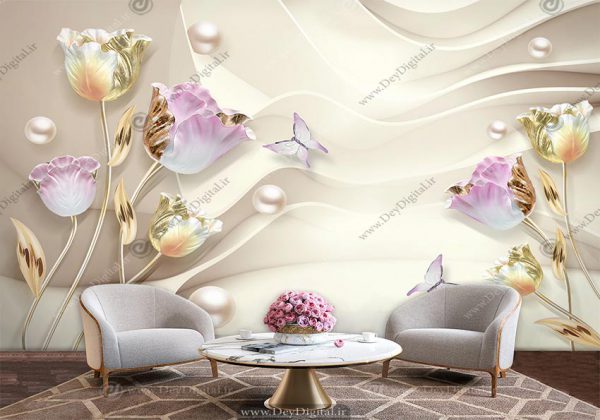 پوستر دیواری شیک منزل طرح گل سه بعدی طلایی و یاسی برای پشت تلویزیون
