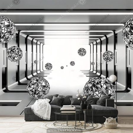 پوستر دیواری تونل نقره ای و سیاه با گوی های نقره ای