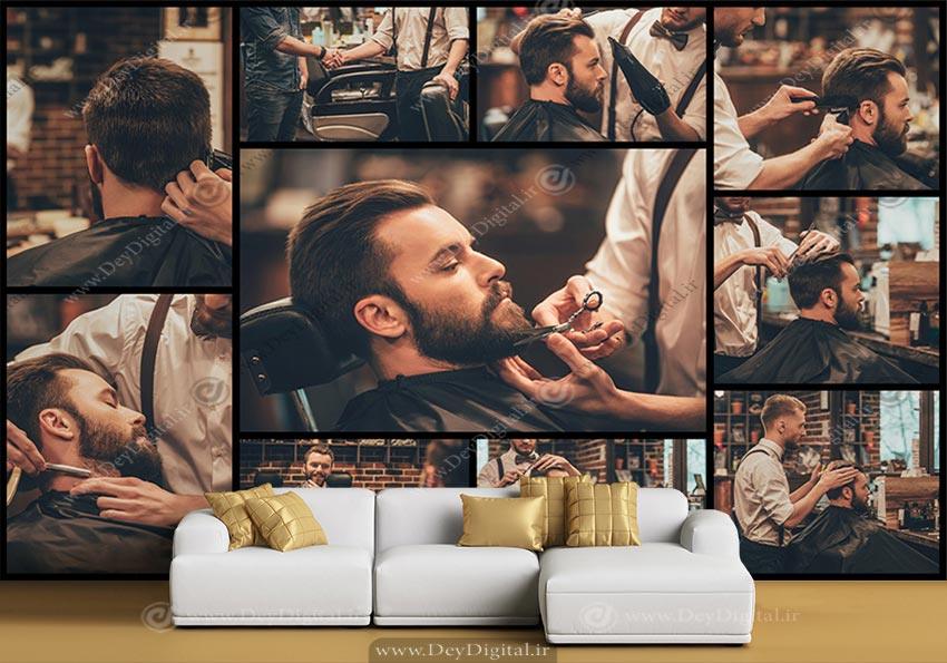 پوستر دیواری برای آرایشگاه مردانه طرح آرایشگر آقا در حال پیرایش و کوتاهی BA-4773