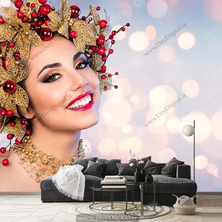 پوستر دیواری چهره خندان یک زن میکاپ شده با تاج طلایی برای سالن زیبایی