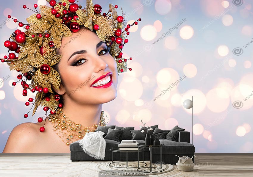 پوستر دیواری چهره خندان یک زن میکاپ شده با تاج طلایی برای سالن زیبایی