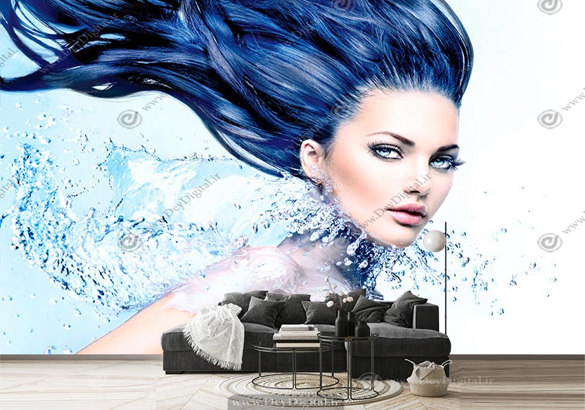 پوستر دیواری چهره زن با موهای بلند آبی تیره