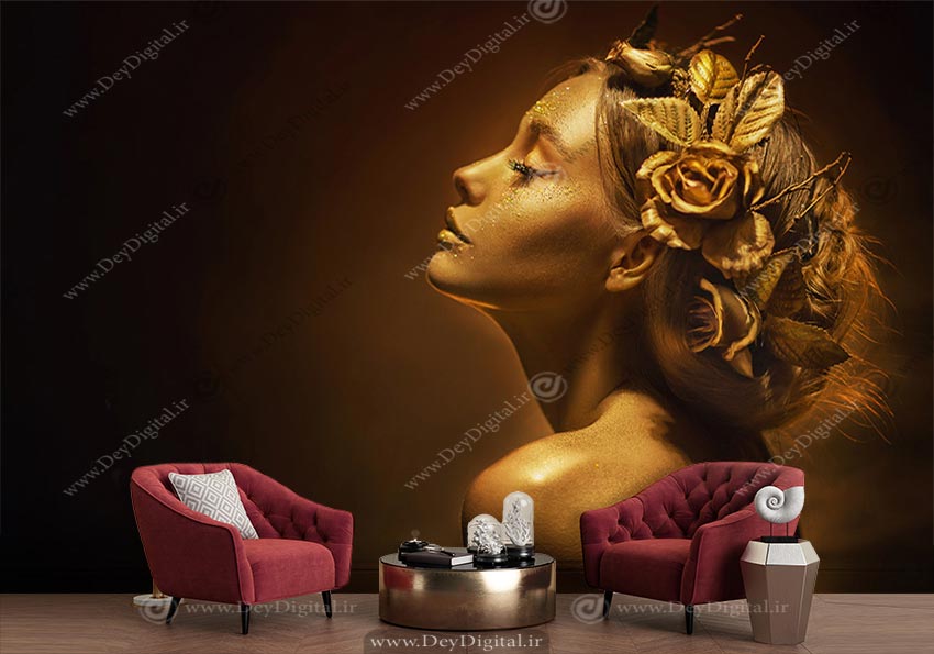 پوستر دیواری فیس نیم رخ مشکی طلایی زن زیبا با موهای شینیون شده