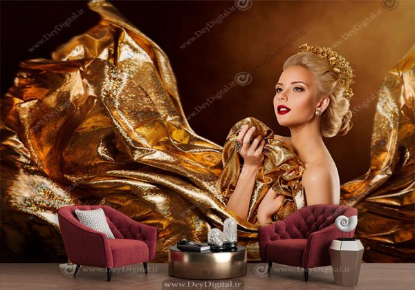 پوستر دیواری یک زن زیبا با لباس طلایی بلند و چهره میکاپ شده برای مزون