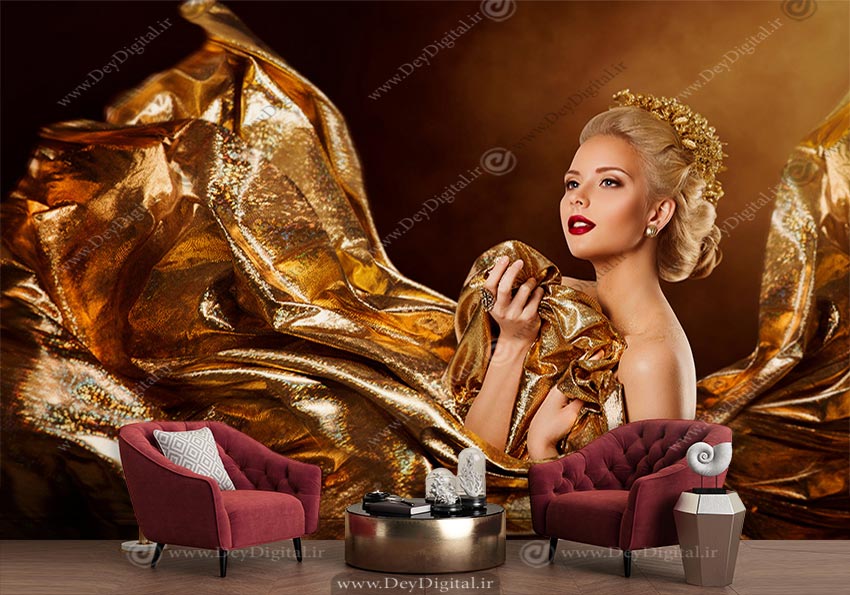 پوستر دیواری یک زن زیبا با لباس طلایی بلند و چهره میکاپ شده برای مزون