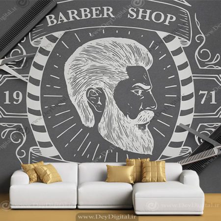 پوستر دیواری طراحی از چهره نیم رخ مرد با قیچی و شانه برای آرایشگاه