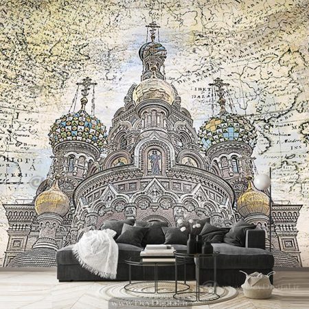 پوستر دیواری طراحی از یک ساختمان خاص با زمینه نقشه قاره ها برای آژانس مسافربری