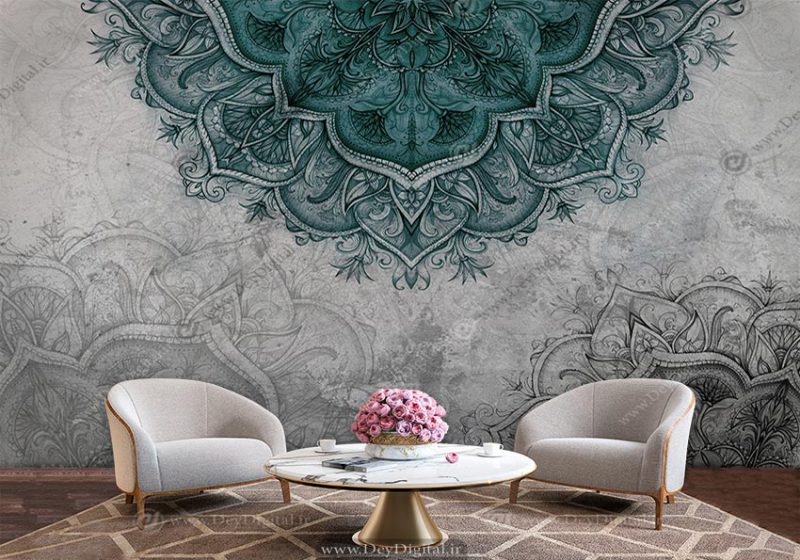 پوستر دیواری سرح سنتی گل شمسه فیروزه ای با زمینه طوسی
