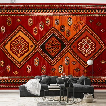پوستر دیواری طرح گلیم فرش با نقوش هندسی و اسلیمی قرمز
