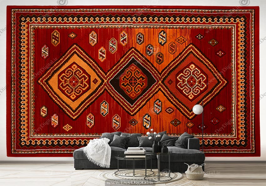 پوستر دیواری طرح گلیم فرش با نقوش هندسی و اسلیمی قرمز
