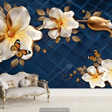 پوستر دیواری گل طلایی با زمینه سورمه ای