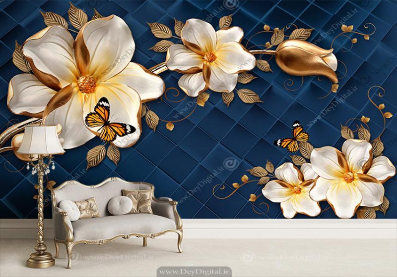 پوستر دیواری گل طلایی با زمینه سورمه ای