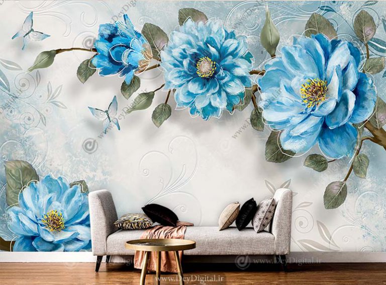 پوستر دیواری گل نقاشی سه بعدی رنگ آبی