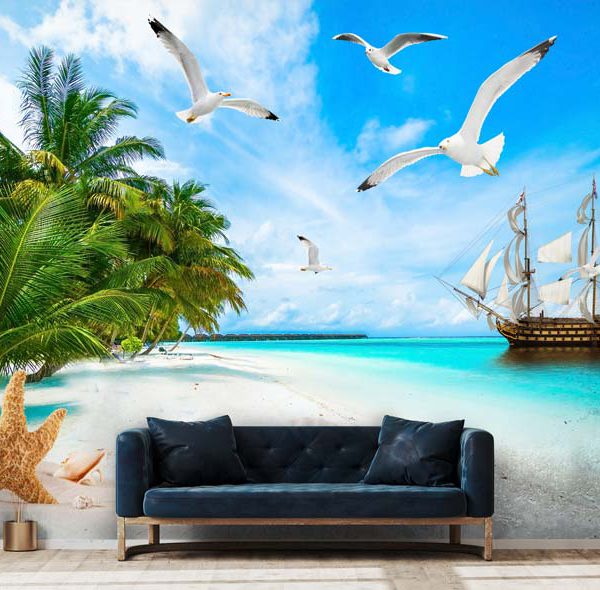 کاغذ دیواری سه بعدی منظره ساحل با کشتی و پرنده های دریایی