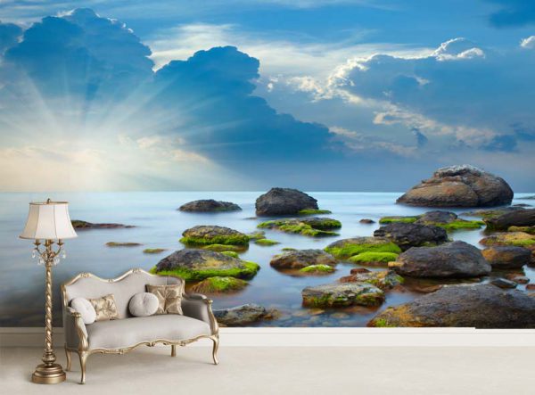 پوستر دیواری سه بعدی طبیعت طرح ساحل سنگی دریا