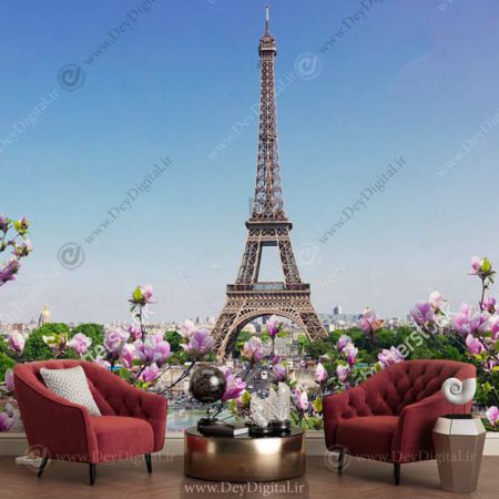 پوستر سه بعدی برج ایفل با گل های صورتی