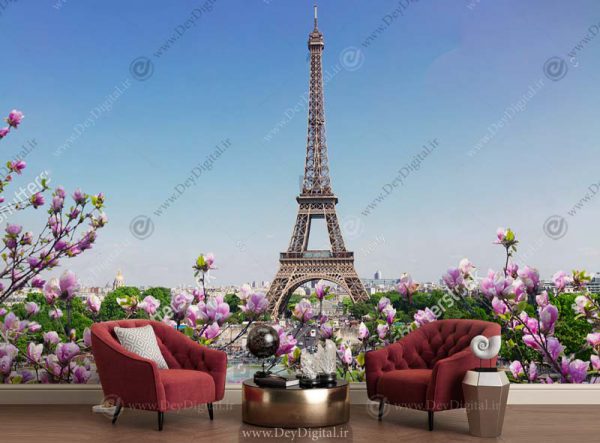 پوستر سه بعدی برج ایفل با گل های صورتی