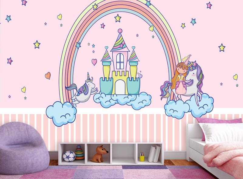 پوستر دیواری دخترانه طرح اسب تک‌شاخ با پرنسس در کنار قصر و رنگین کمان