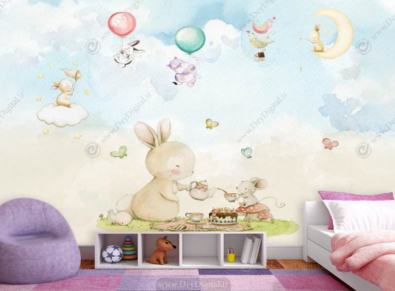 پوست دیواری اتاق نوزاد طرح عروسکی خرگوش های بامزه