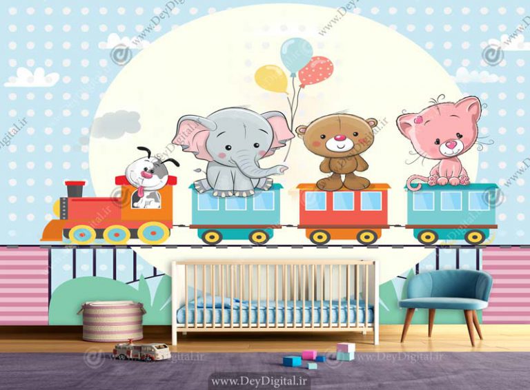 پوستر دیواری سه بعدی اتاق کودک طرح فیل و خرس عروسکی