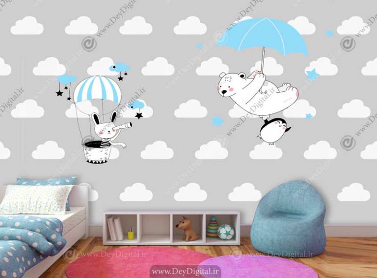 پوستر دیواری عروسکی کودکانه طرح ابرهای کوچک و خرس سفید با چتر نجات