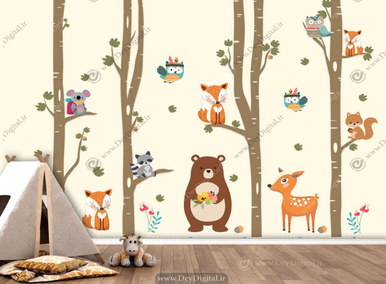 کاغذ دیواری سه بعدی اتاق نوزاد طرح عروسکی حیوانات جنگل
