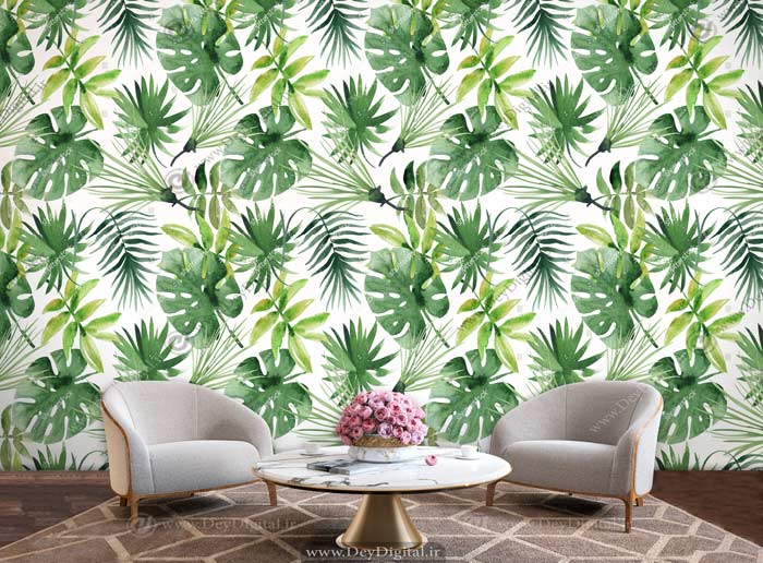 پوستر دیواری طرح برگ هاوایی و برگ انجیری با زمینه سفید