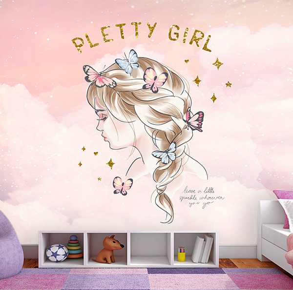 پوستر دیواری اتاق نوجوان دختر طرح چهره دختر زیبا با موهای بافت و پروانه