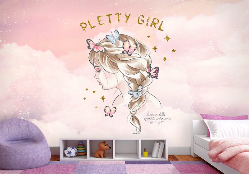 پوستر دیواری اتاق نوجوان دختر طرح چهره دختر زیبا با موهای بافت و پروانه