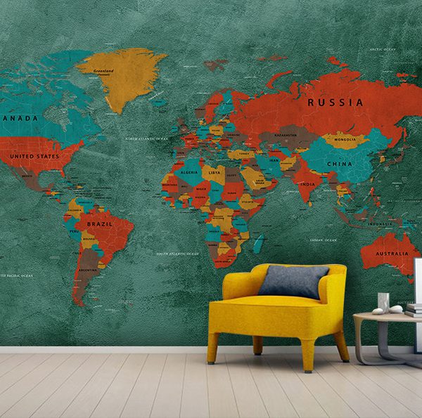 پوستر دیواری سه بعدی اتاق پسر طرح نقشه جهان با رنگبندی خاص