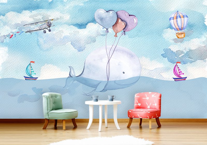 پوستر دیواری اتاق کودک طرح عروسکی دریا با نهنگ و قایق