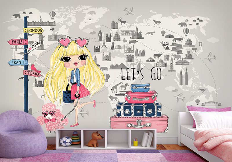 پوستر دیواری دخترانه طرح پرنسس مو طلایی با چمدون های رنگی