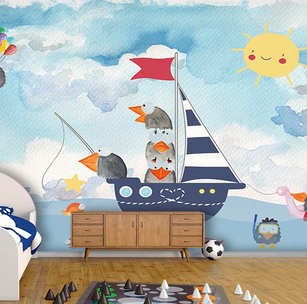 پوستر دیواری اتاق کودک طرح کلاغ‌ها در قایق و دریا