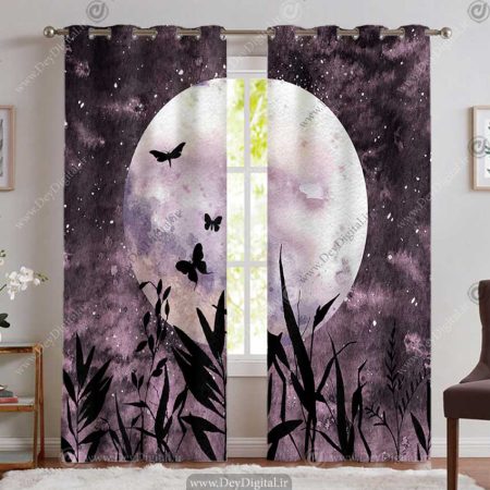 پرده پانچی طرح آسمان شب با ماه و پروانه و سنجاقک مشکی