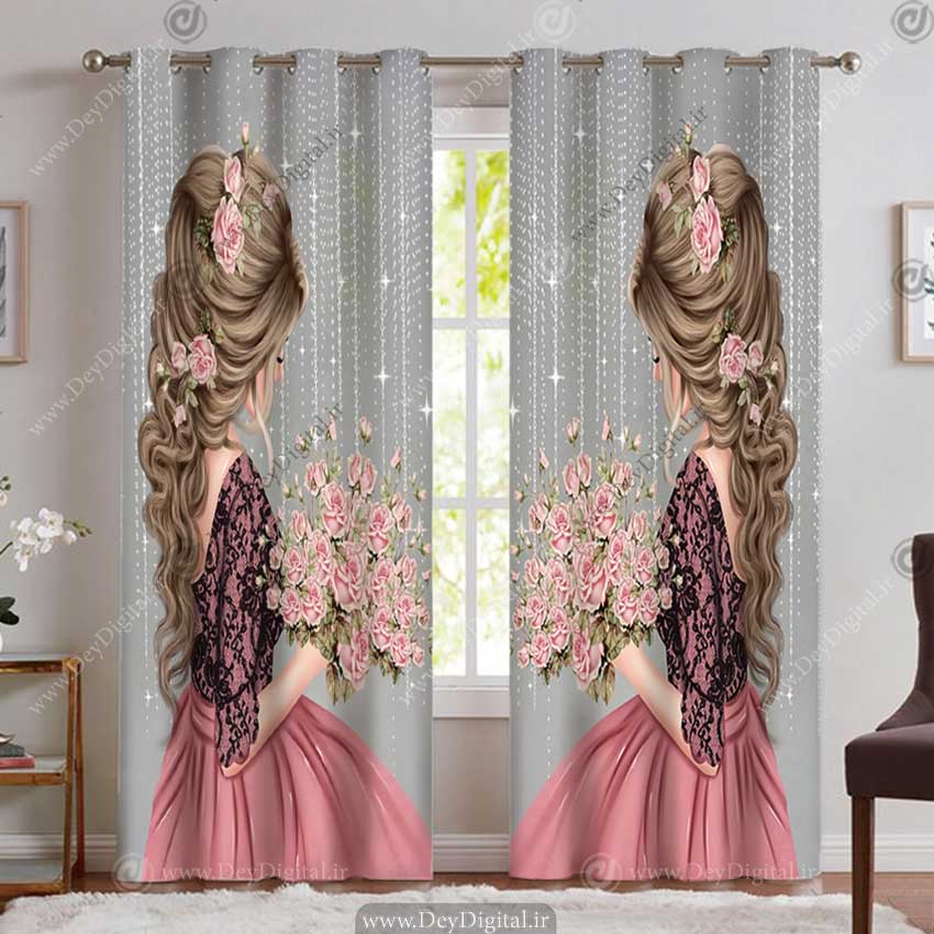 پرده چاپی دخترانه طرح دخترک زیبا با موهای بلند و دسته گل صورتی