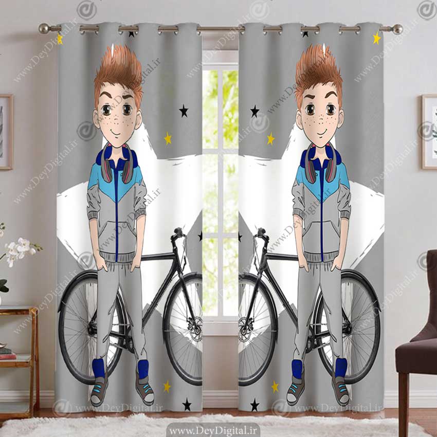 پرده اتاق پسر طرح کارتونی پسر بچه با دوچرخه