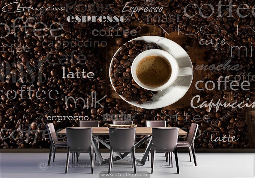 کاغذ دیواری طرح فنجون قهوه با دانههای قهوه برای کافه