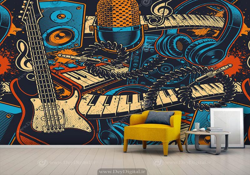 کاغذ دیواری موسیقی طرح نقاشی از گیتار و پیانو و میکروفون