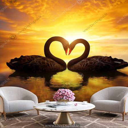 پوستر دیواری منظره زیبای غروب آفتاب و دو قو در روبروی هم