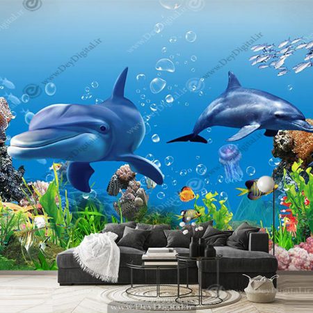 پوستر سه بعدی زیر دریا با گیاهان دریایی ،ماهی و کوسه ها