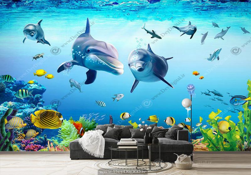 پوستر دیواری طبیعت طرح دلفین ها در زیر اقیانوس