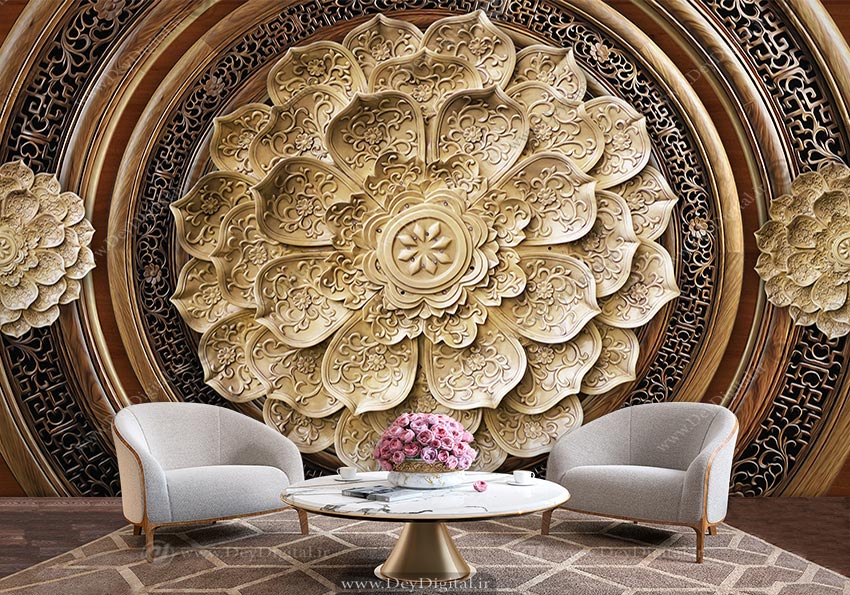 کاغذ دیواری سه بعدی گل طلایی