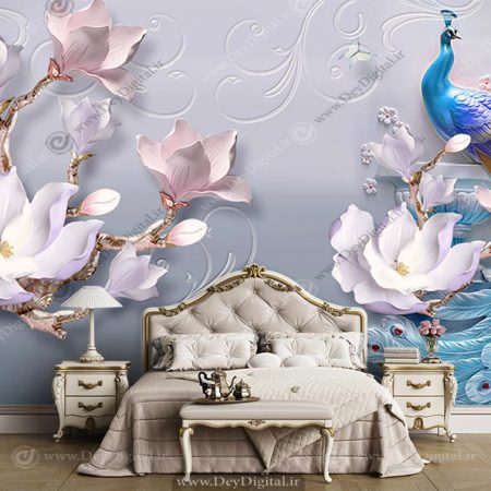 پوستر دیواری گل سه بعدی با طاووس