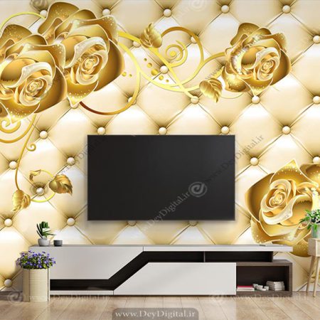 پوستر دیواری پشت تی وی گل طلایی و لمسه