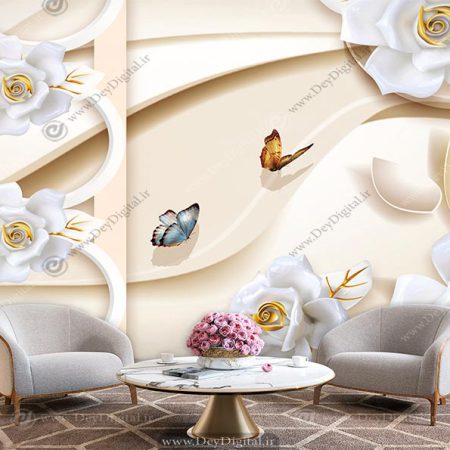 پوستر دیواری گل سه بعدی سفید زمینه کرمی