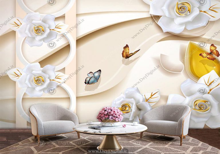 پوستر دیواری گل سه بعدی سفید زمینه کرمی