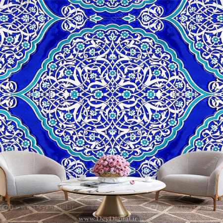 پوستر سه بعدی کاشی فیروزه ای با طرح اسلیمی