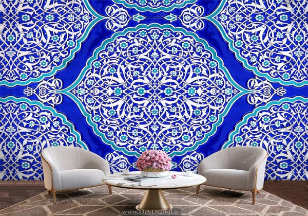 پوستر سه بعدی کاشی فیروزه ای با طرح اسلیمی