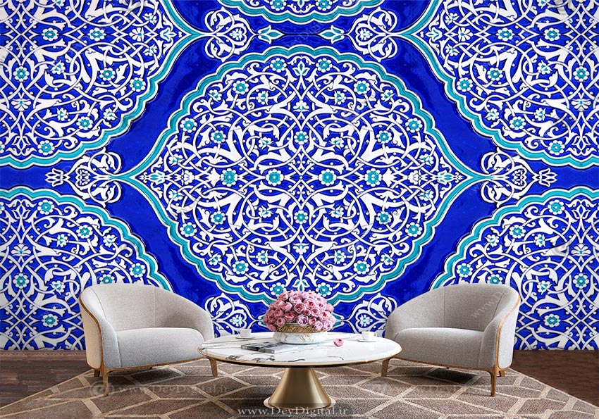 پوستر سه بعدی کاشی فیروزه ای با طرح اسلیمی