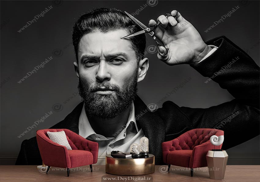 کاغذ دیواری سه بعدی طرح آرایشگر مرد